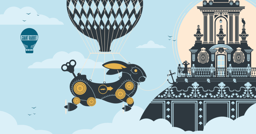 Giant Rabbit hot air balloon anchored on city hall