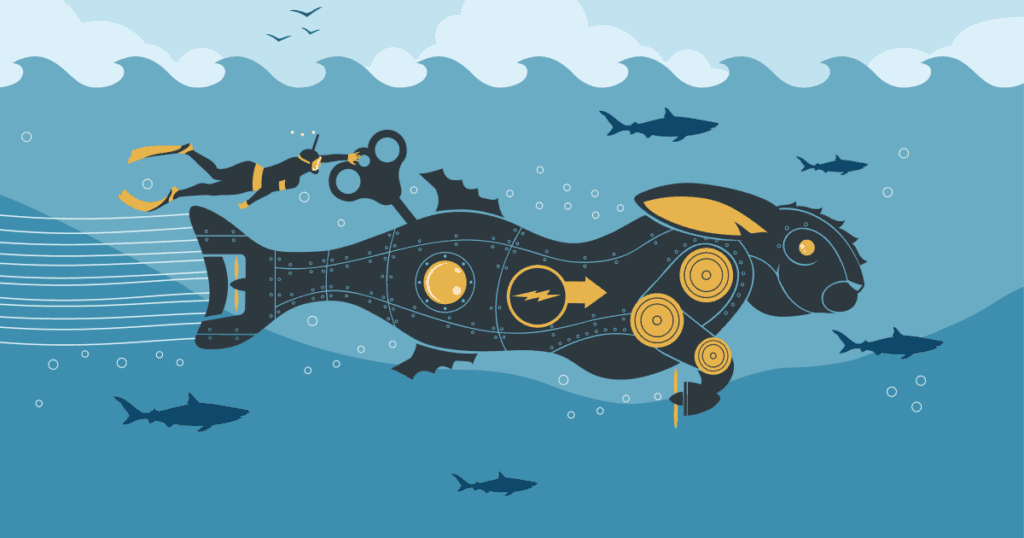 Giant Rabbit bunny submarine beside sharks