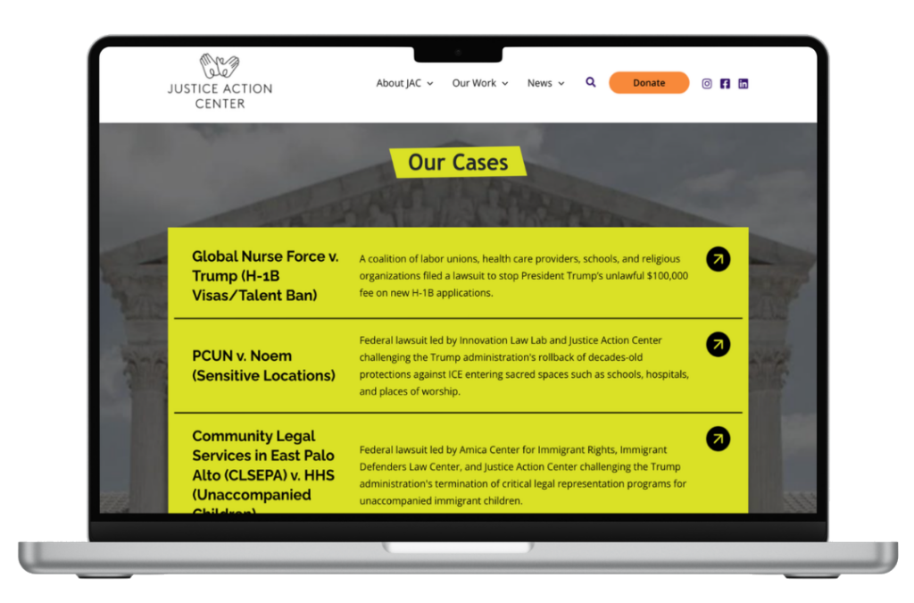 Justice Action Center Our Cases page mockup
