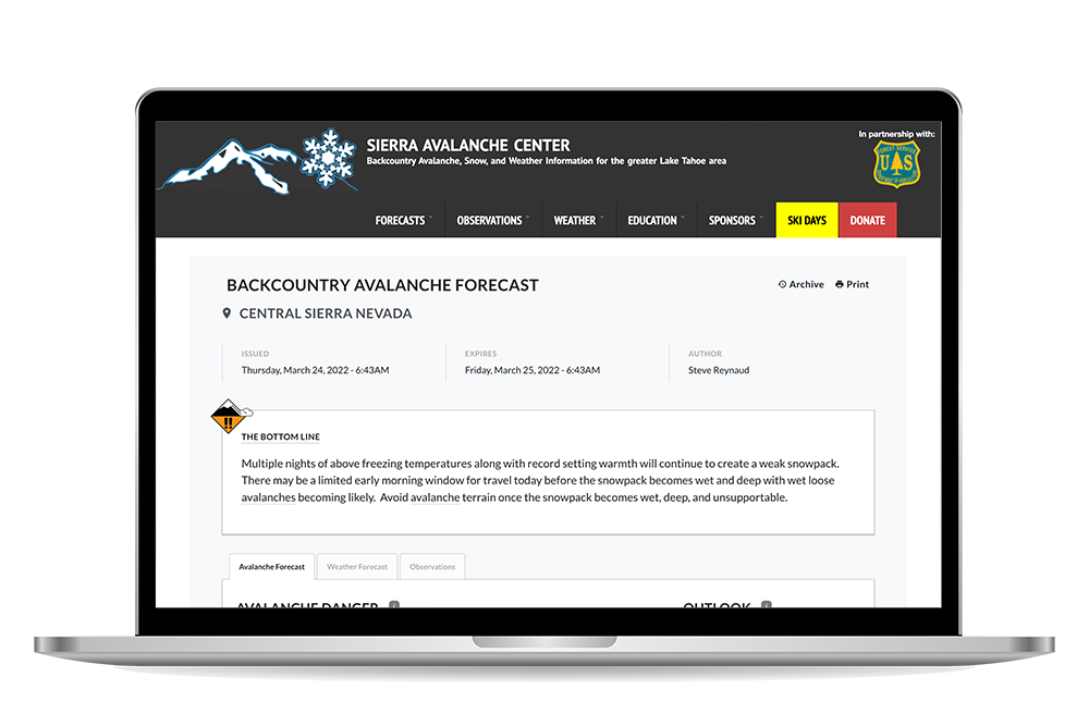 Sierra Avalanche Center forecast mockup